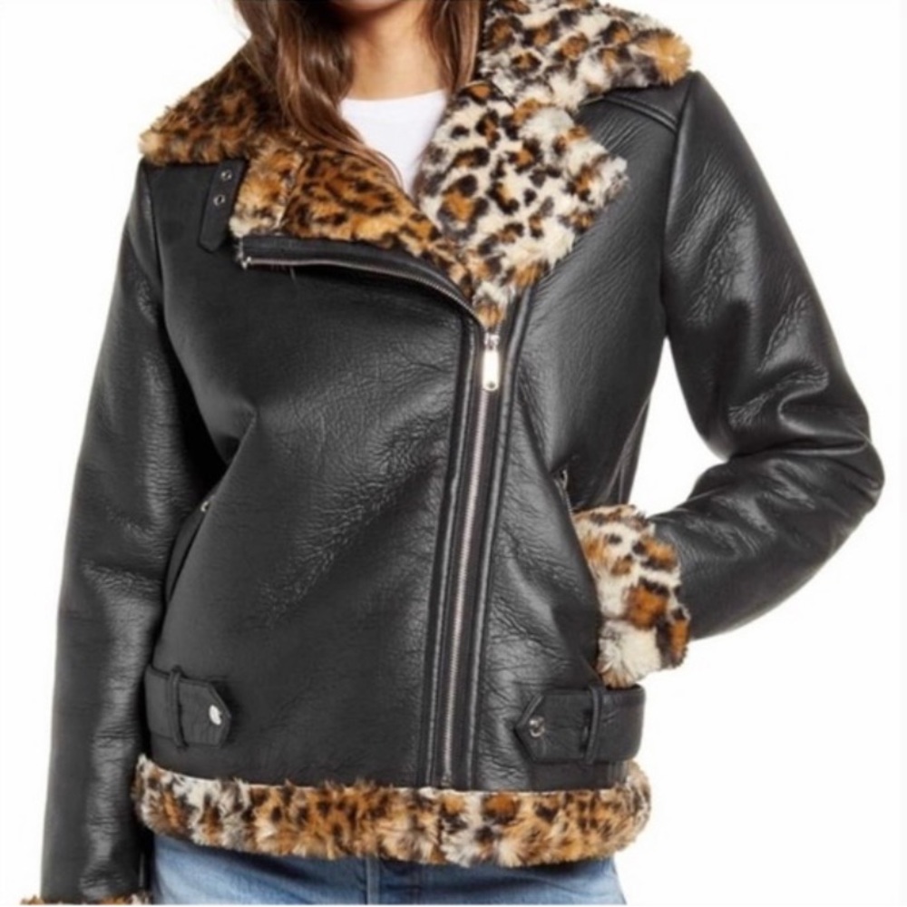 Sam Edelman Black Faux Leather Jacket with Leopard Trim - Picture 10 of 10